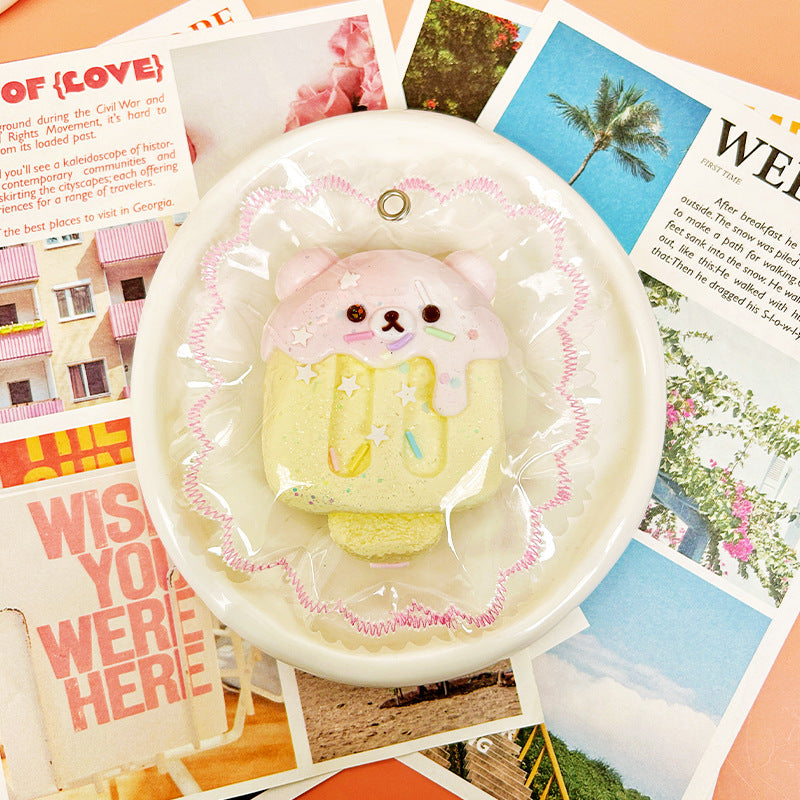 くまの星のアイスキャンディー—ピンクとイエロー-クリーム感食品グレードシリコーン-柔らかくふわふわ-手作り-交換用袋を1つプレゼント-ストレス解消おもちゃ-縫い目付き袋デザイン やわやわ 袋 萌え